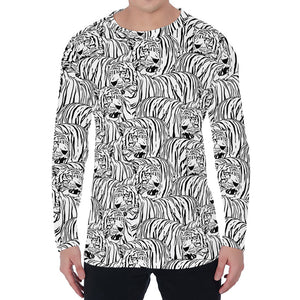 Black And White Tiger Pattern Print Men's Long Sleeve T-Shirt