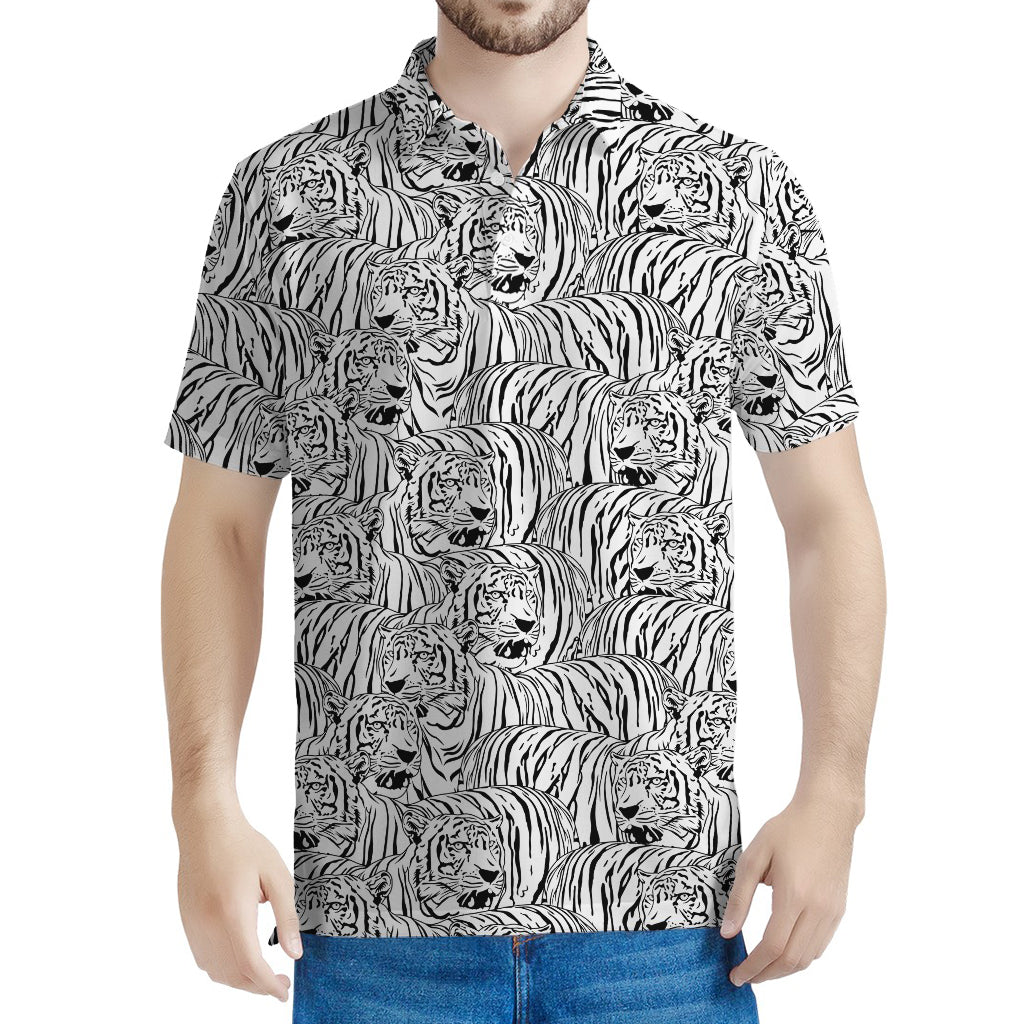 Black And White Tiger Pattern Print Men's Polo Shirt
