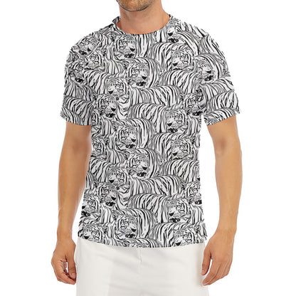 Black And White Tiger Pattern Print Men's Short Sleeve Rash Guard