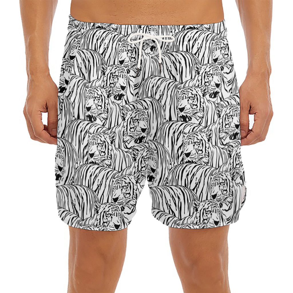 Black And White Tiger Pattern Print Men's Split Running Shorts