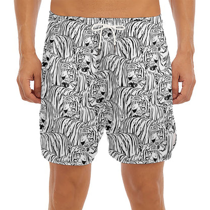 Black And White Tiger Pattern Print Men's Split Running Shorts