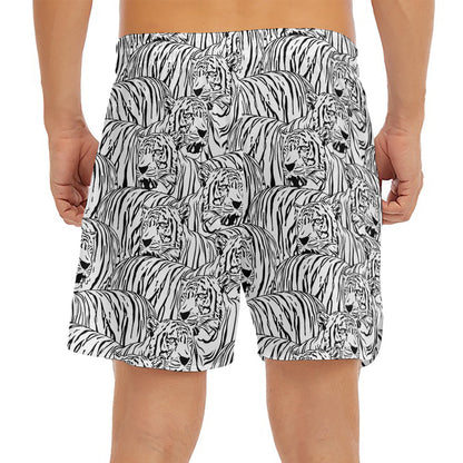 Black And White Tiger Pattern Print Men's Split Running Shorts