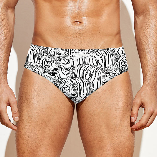 Black And White Tiger Pattern Print Men's Swim Briefs