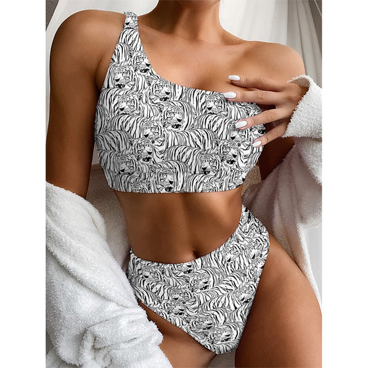 Black And White Tiger Pattern Print One Shoulder Bikini Top