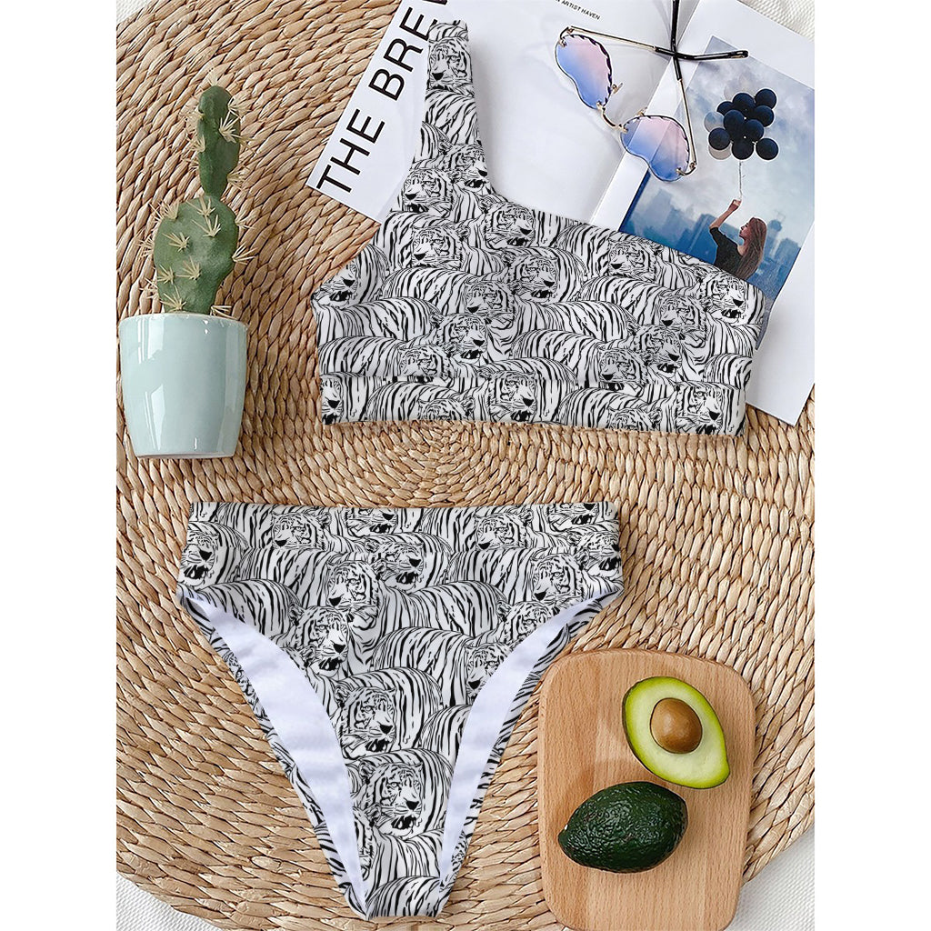 Black And White Tiger Pattern Print One Shoulder Bikini Top