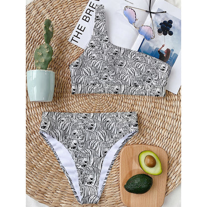 Black And White Tiger Pattern Print One Shoulder Bikini Top