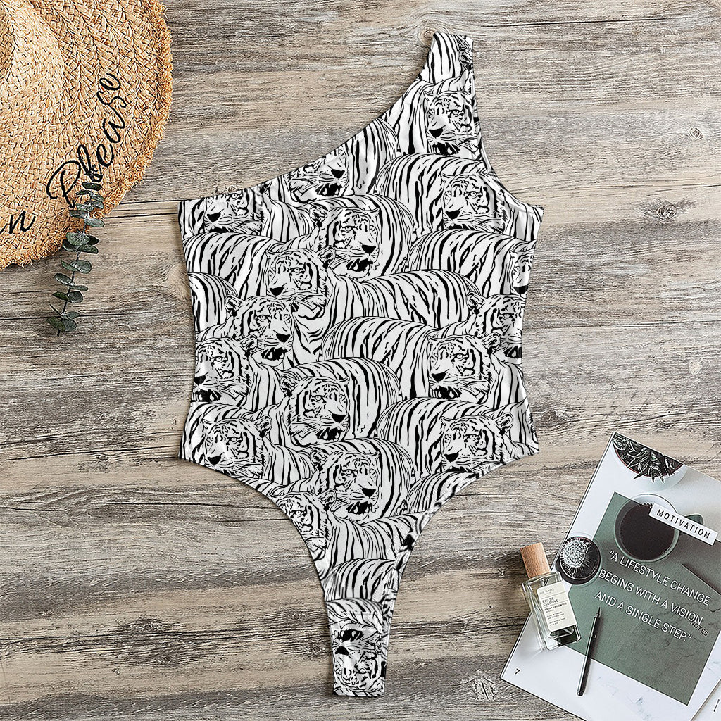 Black And White Tiger Pattern Print One Shoulder Bodysuit