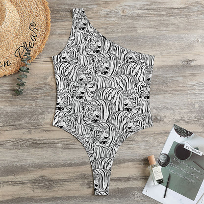 Black And White Tiger Pattern Print One Shoulder Bodysuit