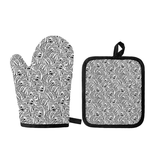 Black And White Tiger Pattern Print Oven Mitt And Pot Holder Set