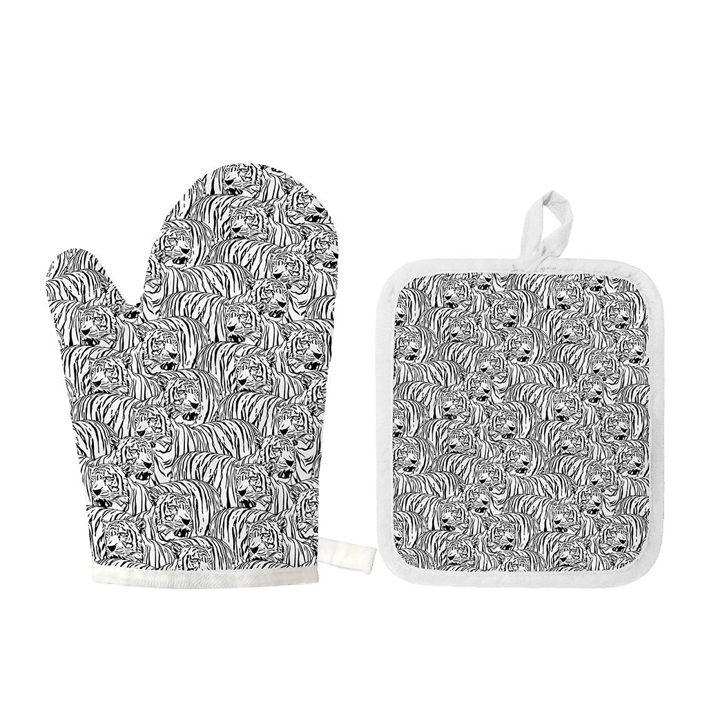 Black And White Tiger Pattern Print Oven Mitt And Pot Holder Set