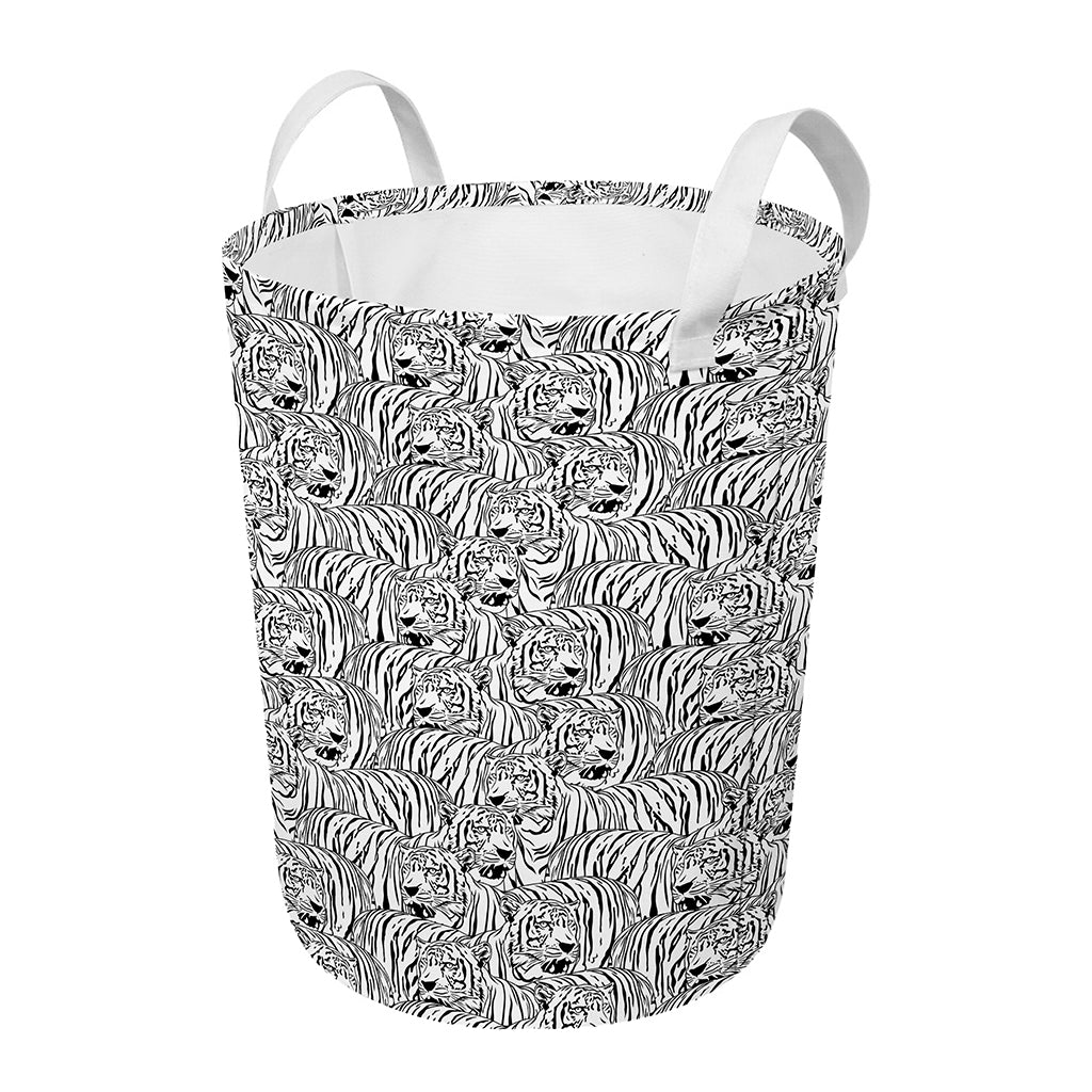 Black And White Tiger Pattern Print Round Laundry Basket