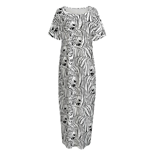 Black And White Tiger Pattern Print Short Sleeve Long Nightdress