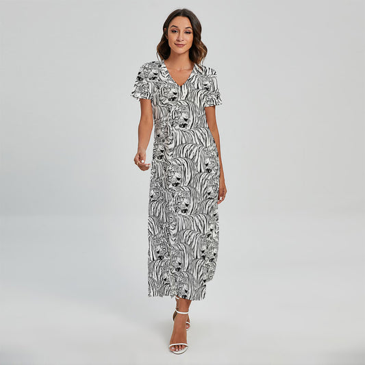 Black And White Tiger Pattern Print Short Sleeve Maxi Dress