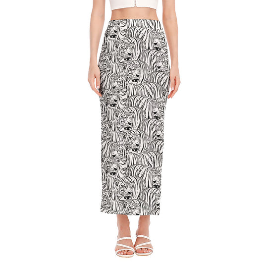 Black And White Tiger Pattern Print Side Slit Maxi Skirt