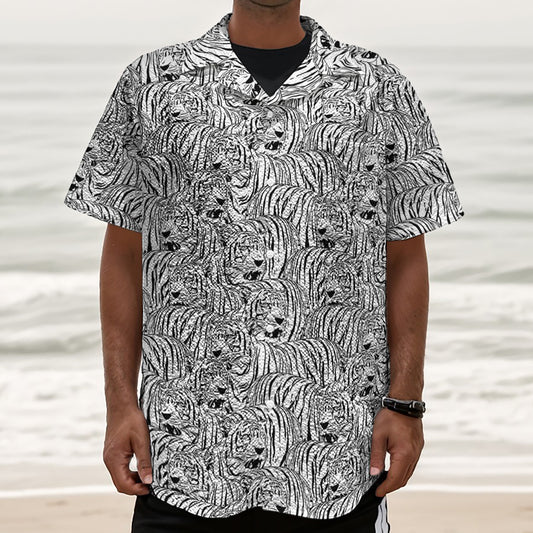 Black And White Tiger Pattern Print Textured Short Sleeve Shirt