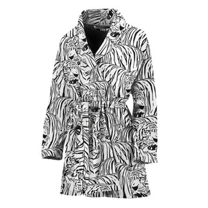 Black And White Tiger Pattern Print Women's Bathrobe