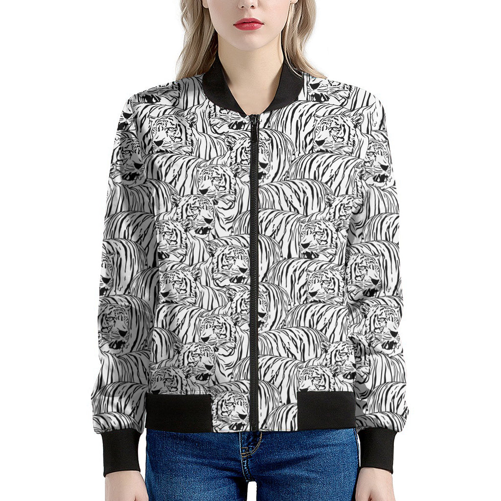 Black And White Tiger Pattern Print Women's Bomber Jacket