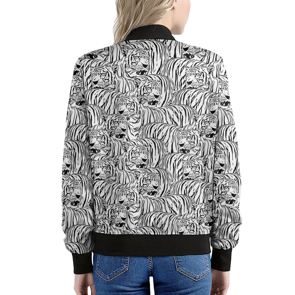 Black And White Tiger Pattern Print Women's Bomber Jacket