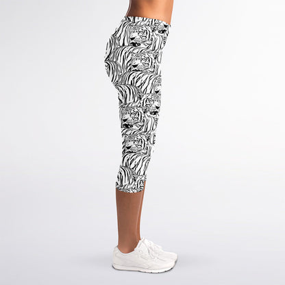 Black And White Tiger Pattern Print Women's Capri Leggings