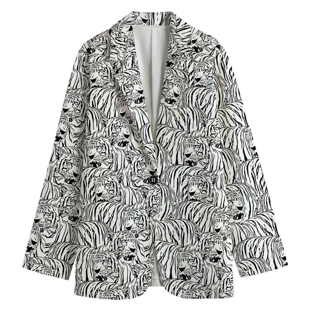 Black And White Tiger Pattern Print Women's Cotton Blazer