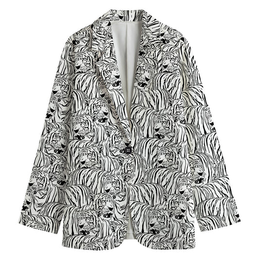 Black And White Tiger Pattern Print Women's Cotton Blazer