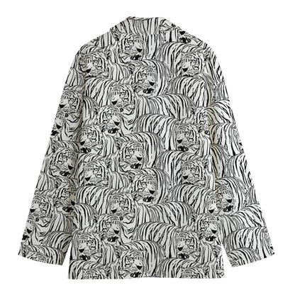 Black And White Tiger Pattern Print Women's Cotton Blazer