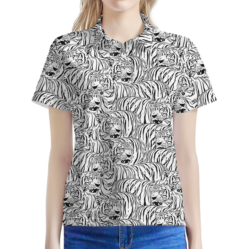Black And White Tiger Pattern Print Women's Polo Shirt
