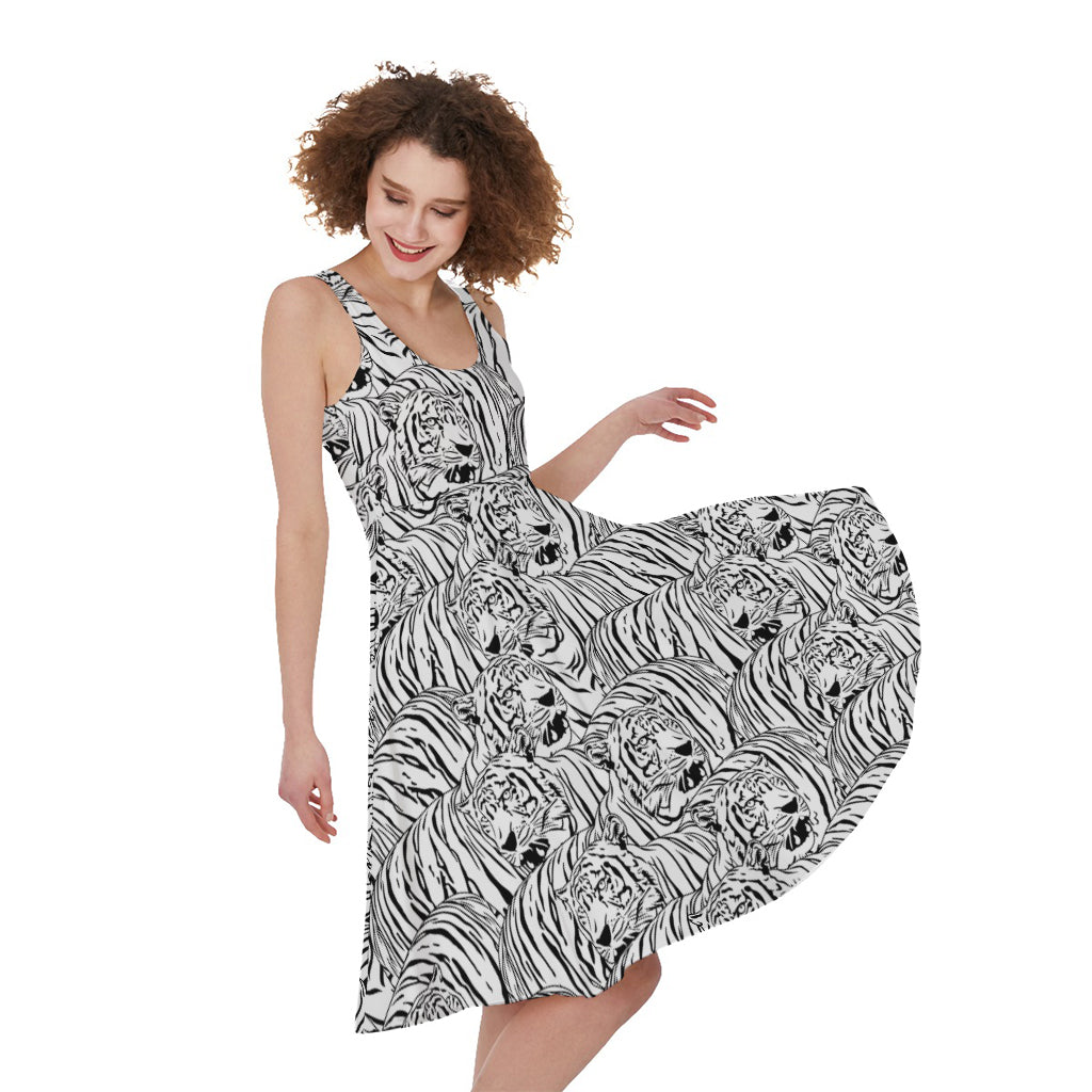 Black And White Tiger Pattern Print Women's Sleeveless Dress
