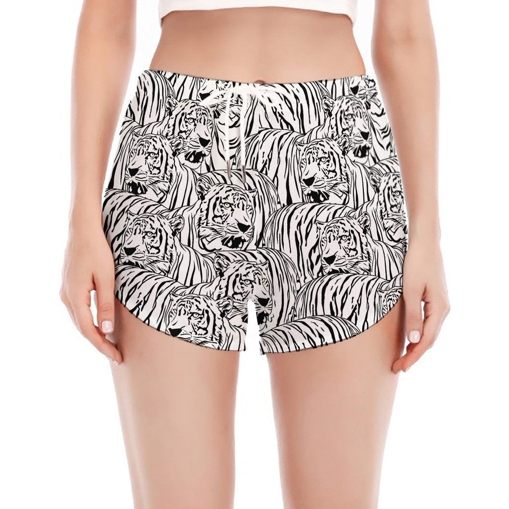Black And White Tiger Pattern Print Women's Split Running Shorts