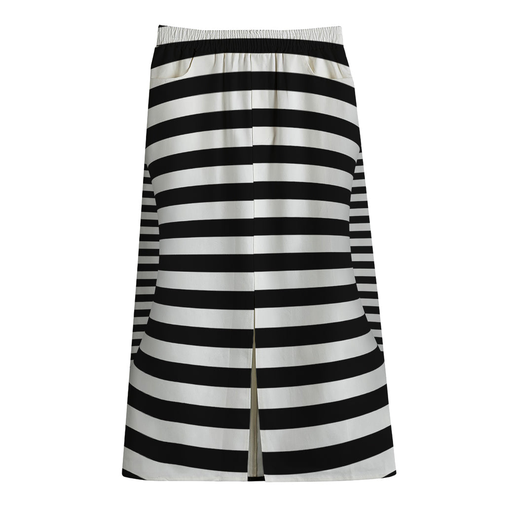 Black And White Torus Illusion Print Cotton Front Slit Maxi Skirt