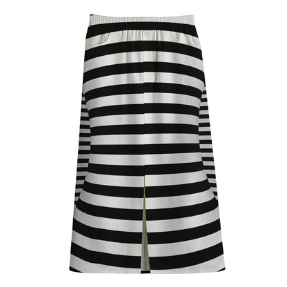 Black And White Torus Illusion Print Cotton Front Slit Maxi Skirt