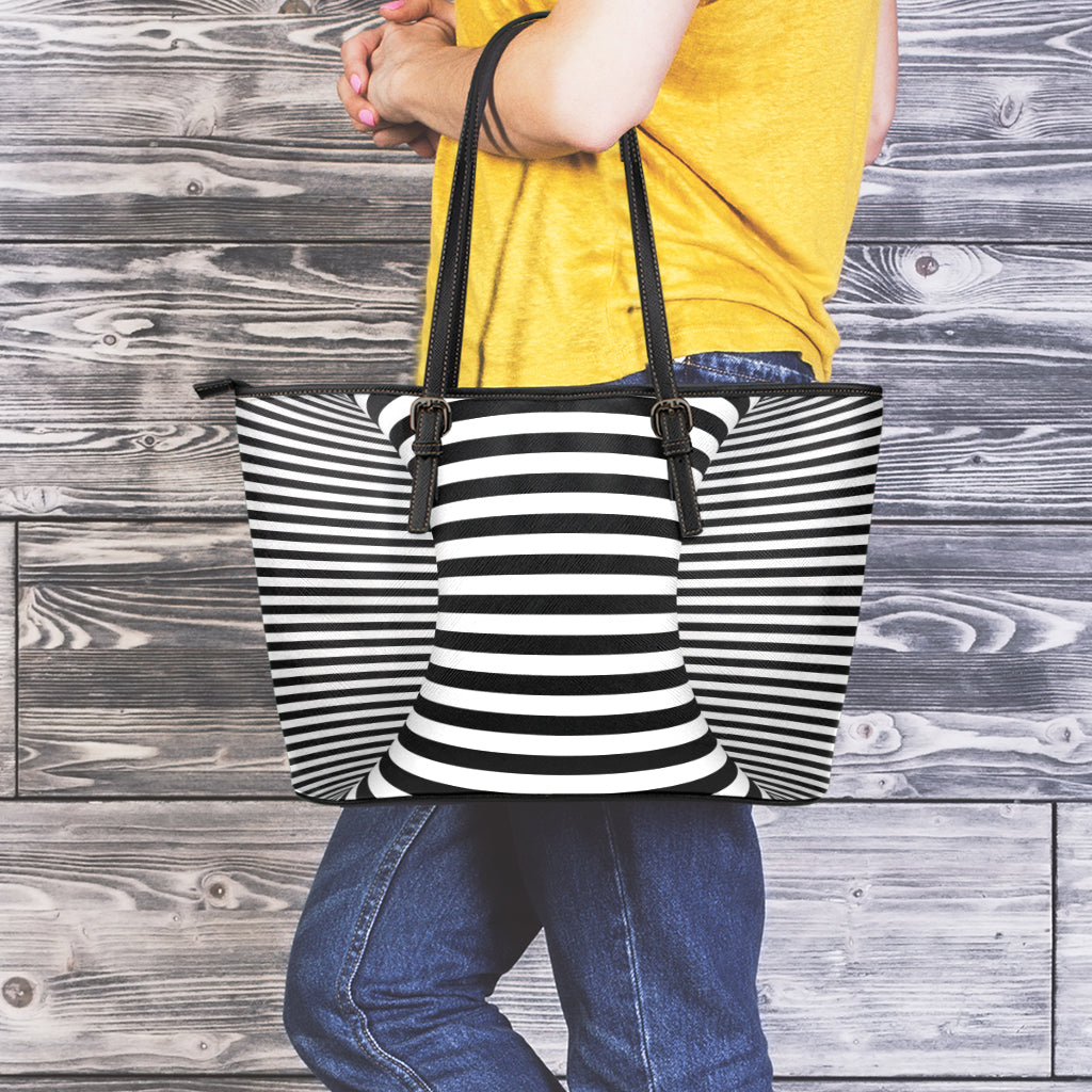 Black And White Torus Illusion Print Leather Tote Bag