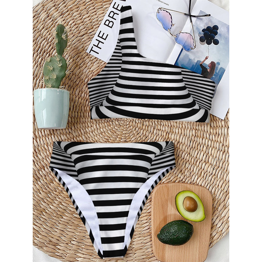 Black And White Torus Illusion Print One Shoulder Bikini Top