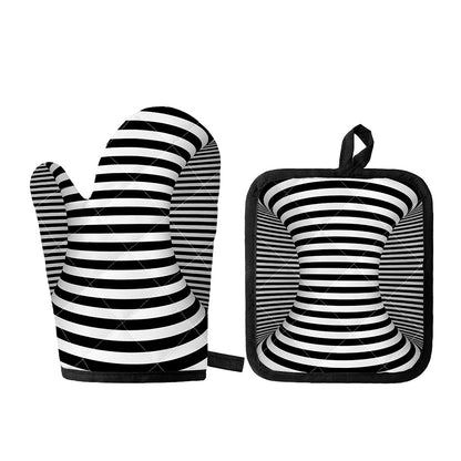 Black And White Torus Illusion Print Oven Mitt And Pot Holder Set