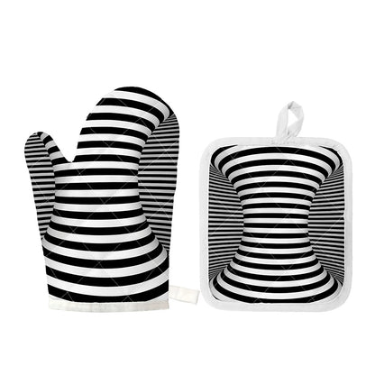 Black And White Torus Illusion Print Oven Mitt And Pot Holder Set