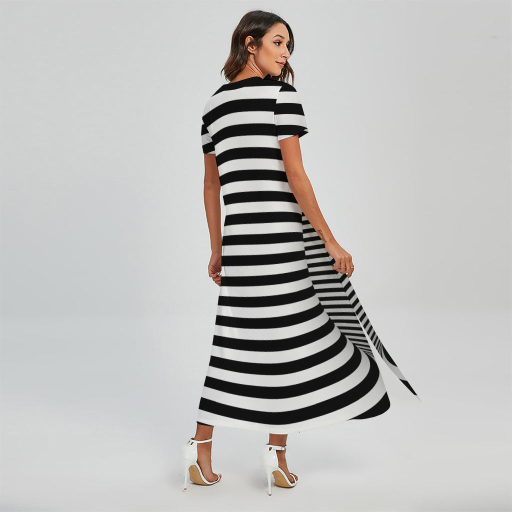 Black And White Torus Illusion Print Short Sleeve Maxi Dress