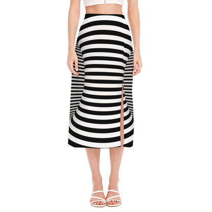 Black And White Torus Illusion Print Side Slit Midi Skirt