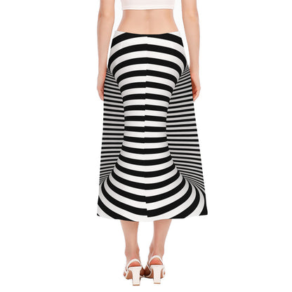 Black And White Torus Illusion Print Side Slit Midi Skirt