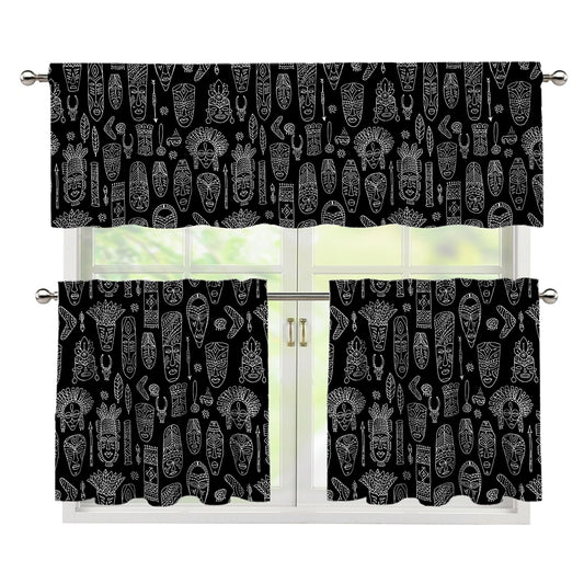 Black And White Totem Pattern Print 3 Piece Kitchen Curtains