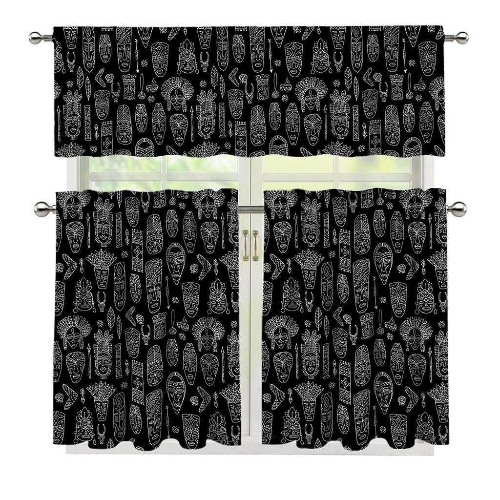 Black And White Totem Pattern Print 3 Piece Kitchen Curtains