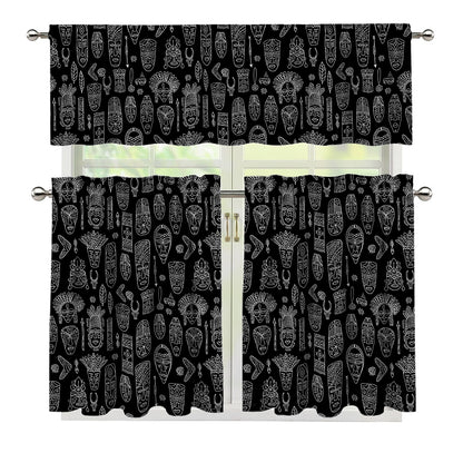 Black And White Totem Pattern Print 3 Piece Kitchen Curtains