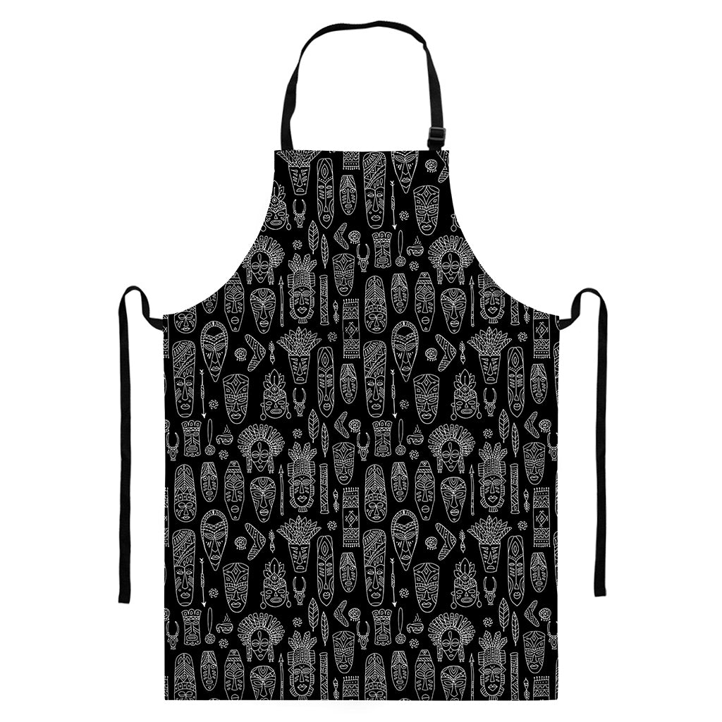 Black And White Totem Pattern Print Bib Apron With Pocket