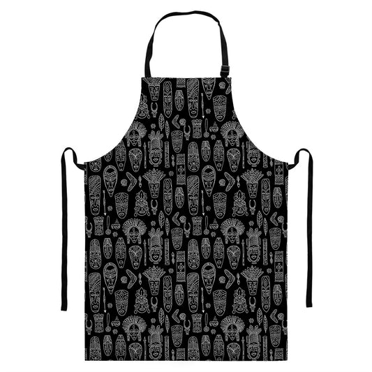 Black And White Totem Pattern Print Bib Apron With Pocket