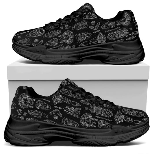 Black And White Totem Pattern Print Black Chunky Shoes