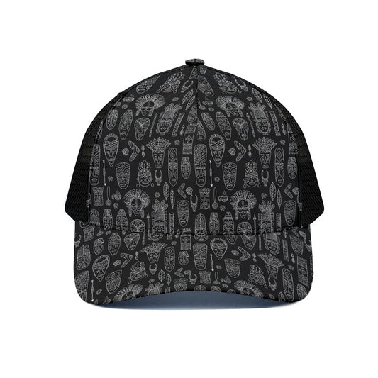 Black And White Totem Pattern Print Black Mesh Trucker Cap