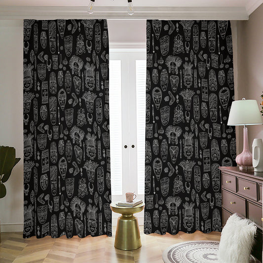 Black And White Totem Pattern Print Blackout Pencil Pleat Curtains