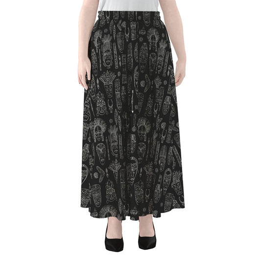 Black And White Totem Pattern Print Chiffon Maxi Skirt