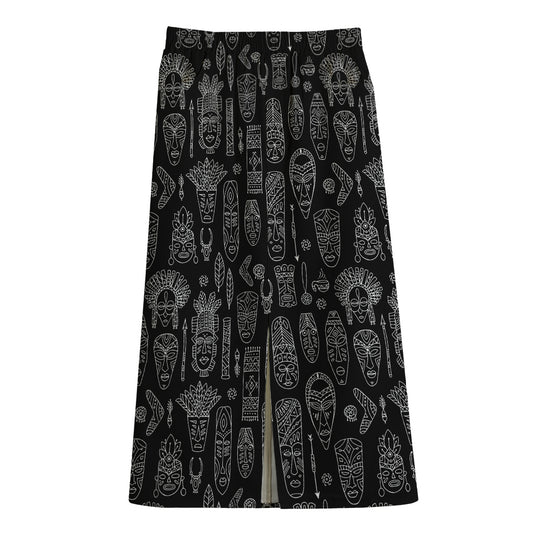 Black And White Totem Pattern Print Cotton Front Slit Maxi Skirt