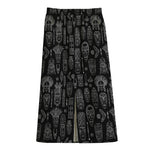 Black And White Totem Pattern Print Cotton Front Slit Maxi Skirt
