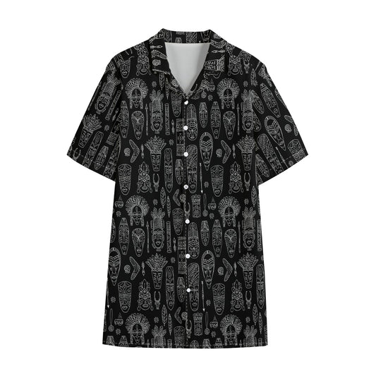 Black And White Totem Pattern Print Cotton Hawaiian Shirt